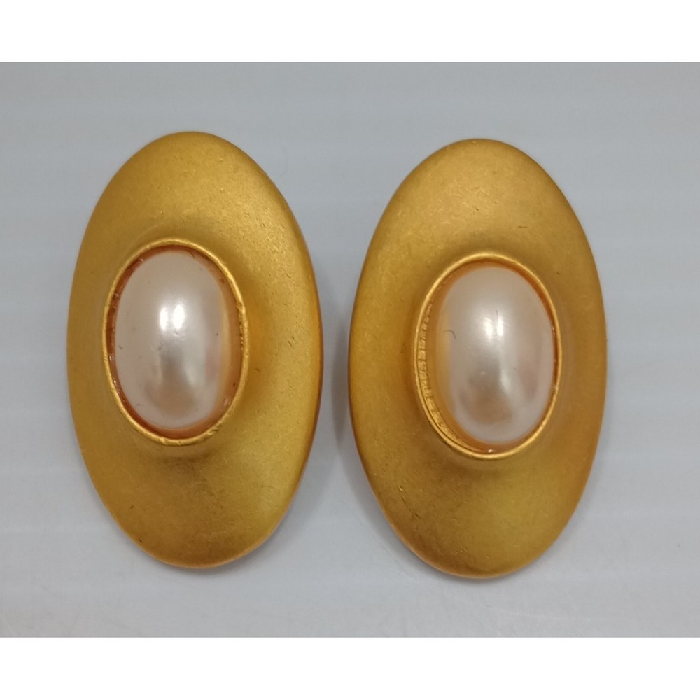 Vintage M.J. Carroll Gold Faux‎ Pearl Oval Pierced Earrings